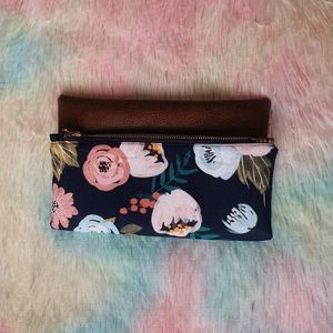 Floral Cloth and Brown Leather Clutch with Zipper